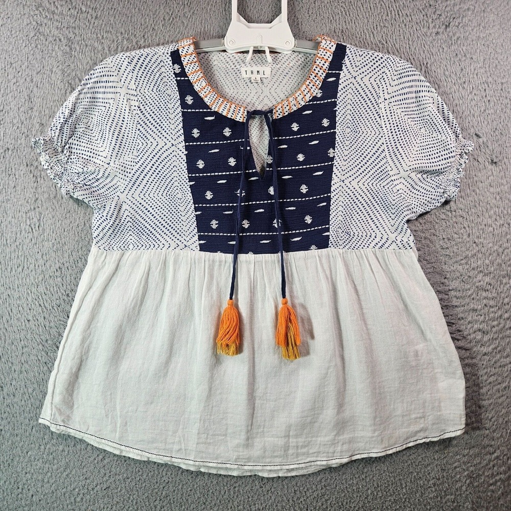 THML Navy and White Blouse with Orange Accents